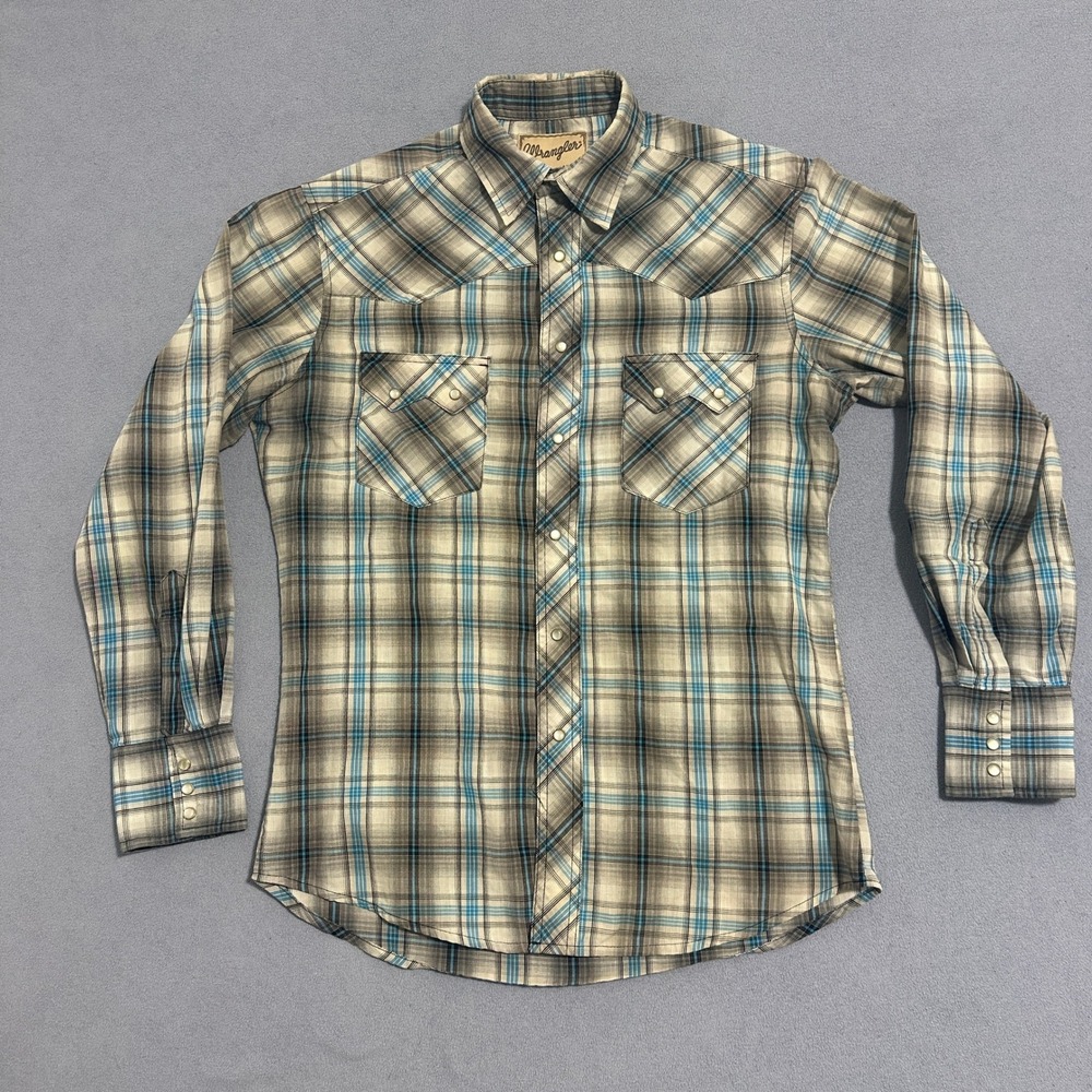 Wrangler Western Snap Button Up Shirt Long Sleeve Plaid Gray Blue Mens Small/Med